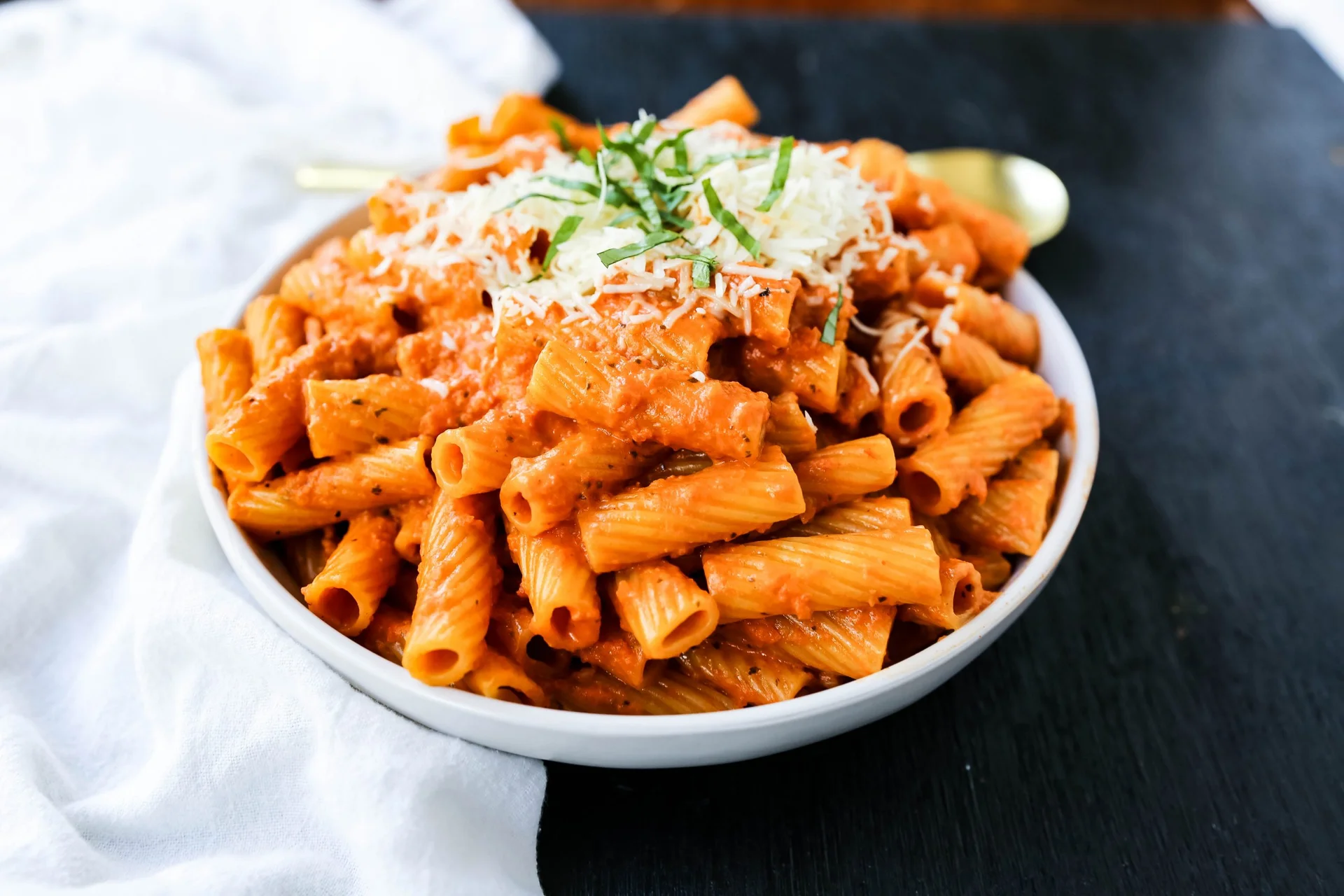 Creamy roasted red pepper pasta at Via Pizza
